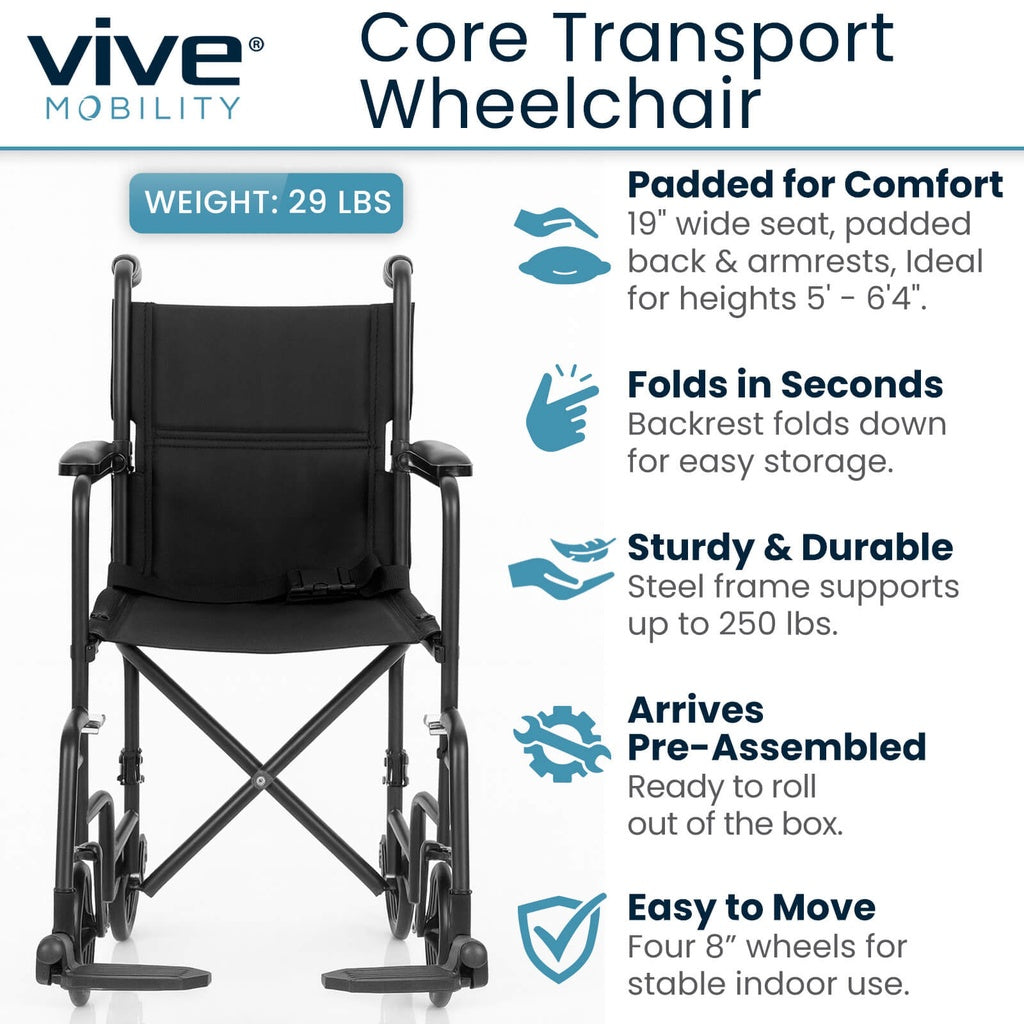 Vive - Wheelchair - Core Transport Wheelchair - 17" or 19" - HCPCS E1038