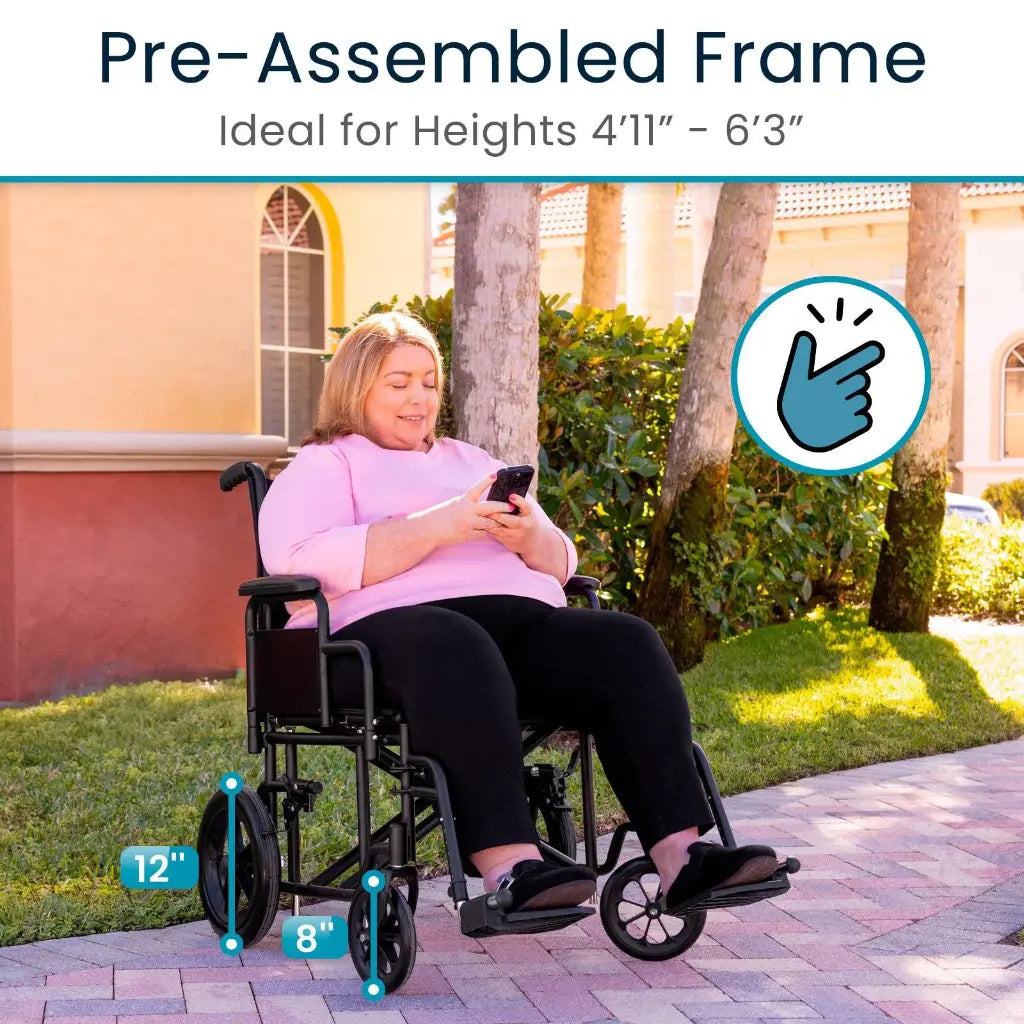 Vive - Wheelchair - Bariatric Transport Wheelchair - 22" - 450lbs - Black