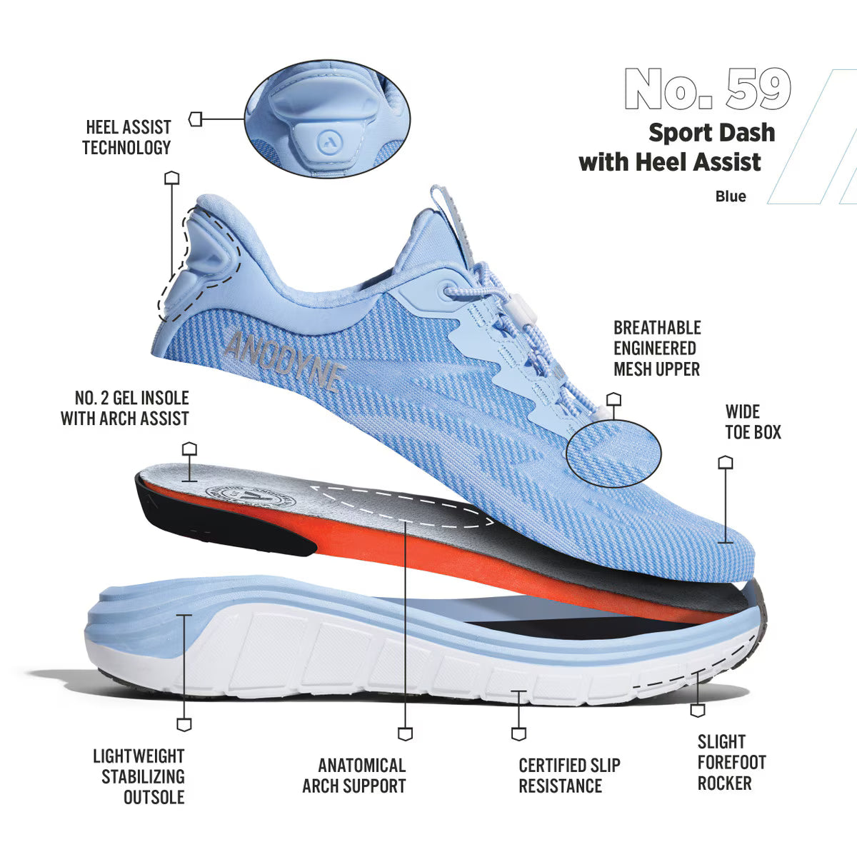 Anodyne - Diabetic Shoes - Hands Free No. 59 Women's Sport Dash w/ Heel Assist (Gen 2) - Black or Blue
